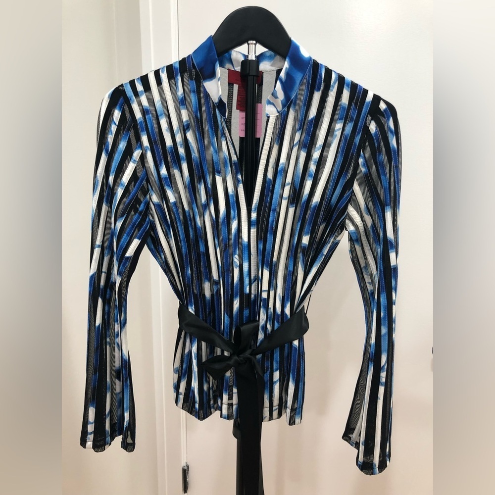 539. JS Collections Mesh Blue and Black Zippered Top with Satin Belt.